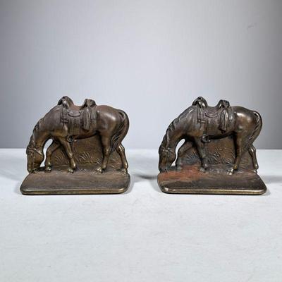 (2pc) Horse Bookends | Grazing horses brass bookends. Numbered. - h. 5 x w. 2 x l. 5.5 in

