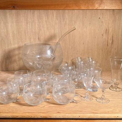 ETCHED GLASS PUNCHBOWL & GLASSES | Mixed etched clear glass lot including: punchbowl with 12 matching glasses, and other etched...