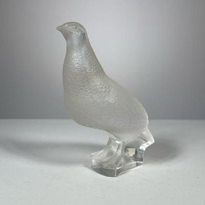 Lalique Crystal Bird | Frosted glass bird standing on small platform, with acid etched script "Lalique France" signature on...