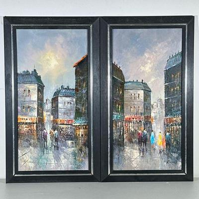 (2pc) Cityscape Paintings | Oil on canvas, each signed, in dark wood frames. - h. 28 x w. 16 in

