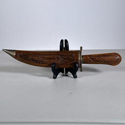 Vintage Hardwood Cased Knife | Hand knife with curved blade with carved wood handle and in a wooden sheath. - w. 3 x l. 13.5 in
