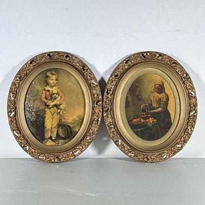 (2pc) Gilt Framed Prints in Tondo | Including a portrait of a milkmaid or "The Cook" after Johannes Vermeer, and a portrait of...