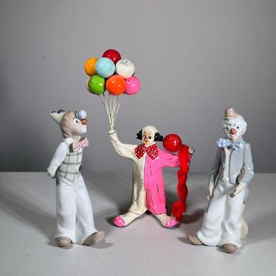 (3pc) CLOWN FIGURINES | Clown figurines including: pair of Casades ceramic clown figures and other composition clown figure. - h. 12.5 x...
