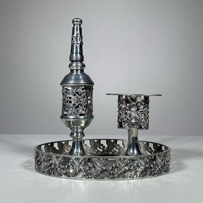 (3pc) Judaica Set | Queen Art Pewter, Brooklyn, NY, three-piece set with openwork decoration and matching tray (8 x 5.5 in.) - h. 8.5 x...