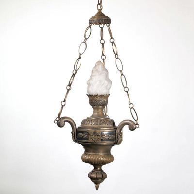 Hanging Lantern Style Fixture | Hanging light fixture designed as a three arm lamp with frosted glass flame form shade. - h. 16 x dia. 12...