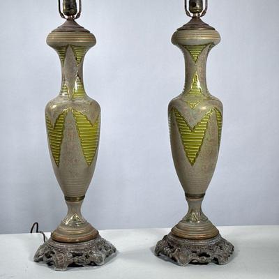 Pair Enameled Bohemian Glass Lamps | With green decoration; lamp h. 24 in. - h. 41 x dia. 8 in (overall)

