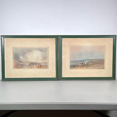 (2pc) Framed Landscape Prints | Prints of pastel paintings of complimentary scenes, each matted in green wooden carved frames, produced...