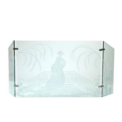 FIREPLACE SCREEN: ETCHED GLASS | Glass fireplace screen with etched scene of a Japonesque figure holding a fan among flowers, branches,...