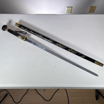 (3pc) Fencing & Other Swords | Asian lacquered cane-form sword with gilt dragon decoration on the handle and scabbard. - l. 35 x dia....