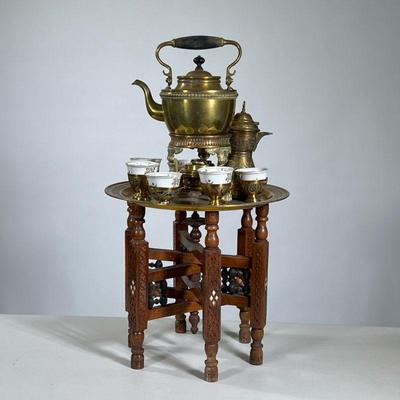 TURKISH TEA/COFFEE SET | Tooled brass Turkey coffee & tea set including teapot on stand with burner, Turkish coffee pot, 6 ceramic...
