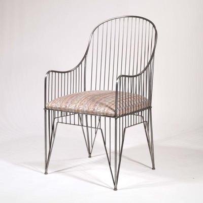 Metal Wireframe Chair | Armchair with brushed metal frame, having an upholstered seat. - h. 38.5 x w. 20.75 x d. 19.5 in


