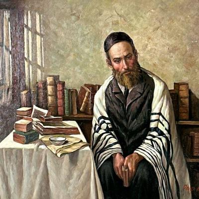 DAVID BEN ISRAEL OIL PAINTING | Rabbi Studying Oil on board 16 x 20 in. board Signed lower right "David Ben Israel," in a...