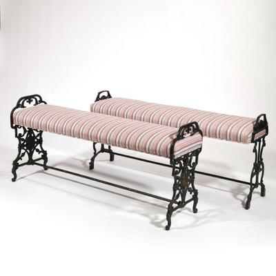 (2pc) Cast Iron Window Benches | Cast iron, in black paint, with upholstered cushioned seat, not an exact pair but with matching...