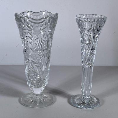 (2pc) Cut Glass Vases | One etched glass vase, and a smaller bud vase made in Western Germany. - h. 9.5 x w. 4 in (larger)

