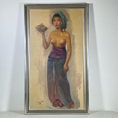 THAI / ASIAN OIL PAINTING OF WOMAN |Showing a topless girl holding a basket Oil on canvas. 40 x 22 in., stretcher Signed indistinctly...