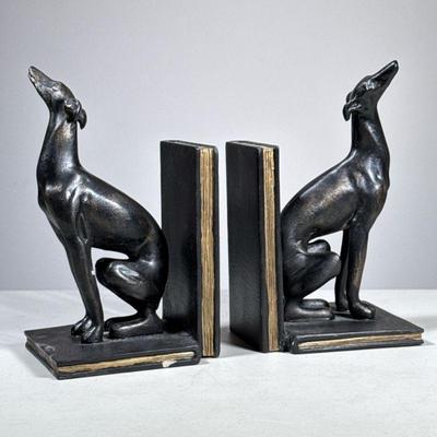 (2pc) Greyhound Bronze Bookends | Matching book ends by Sterling Industries, made in the Philippines. - h. 9 x w. 4.5 x l. 5.5 in

