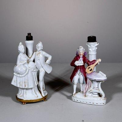 (2pc) PORCELAIN FIGURINES | Porcelain figurines/ lamp bases (?), not wired. - h. 7.5 x w. 5 x d. 3 in

