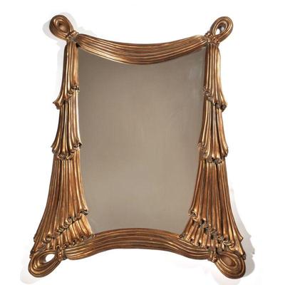 Large Gilt Draped Curtain Form Mirror, very unique | A regency style gilt composition framed mirror in the manner of draped curtains. -...