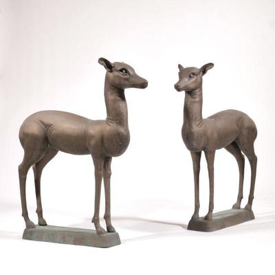 Pair 3ft Pompeian Deer | Large metal Italian Pompeian deer figures. - h. 34.75 x w. 8 x l. 27 in (ea.)

