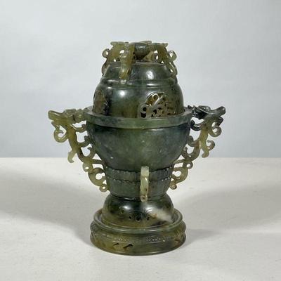 Chinese Soapstone Censer | Carved green soapstone or serpentine lidded censer with underplate, with scrolled carved handles, of three...