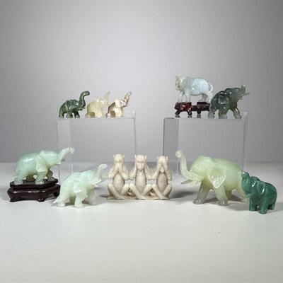 (10pc) Carved Elephants & Monkeys | Carved jade and other stone elephant figures, plus a group of monkeys “speak no evil, hear no...