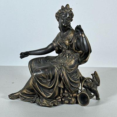 Bronzed Figure Of A Woman | Classical gilt metal sculpture of a woman with horn and pheasant. - h. 9 x l. 8.25 x d. 3.25 in

