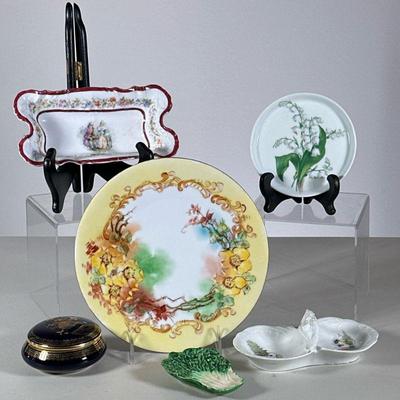 (6pc) Limoges & Other Porcelain | Including a Limoges Castel small dish with flowers, a C.T. porcelain tray decorated with courting...