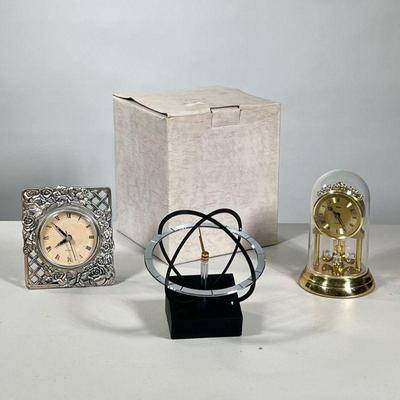 (3pc) MIXED CLOCKS | Including a 1980s JECO Lorenz Action astronomical style art clock / table clock, a Trenkle Quartz glass dome clock,...