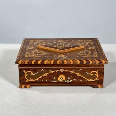 Penwork Box | Hinged-lidded box with applied diamond decoration. - h. 2.5 x w. 5 x l. 6.5 in

