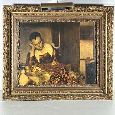Framed Vermeer Print | Maid asleep, After Johannes Vermeer In a fancy gilt carved frame with light; sight 15.5 x 19.5 in. - h. 22.5 x w....