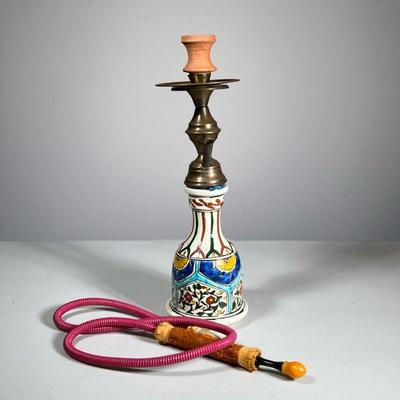 CERAMIC & Brass Hookah | Glazed ceramic hookah with brass stem & terracotta bowl with hose. - h. 16 x dia. 4.5 in

