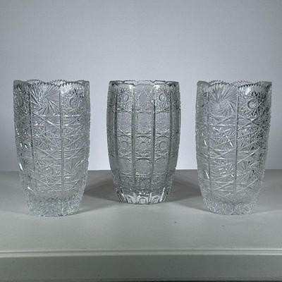 (3pc) Cut Crystal Vases | Including a pair of Bohemian Queens Lace patterned vases and a single vase of similar pattern with stars. - h....