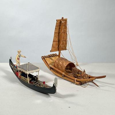 (2pc) Model Boats | Including a woven bamboo style sailboat and a Venetian gondola. - l. 13 in (gondola)