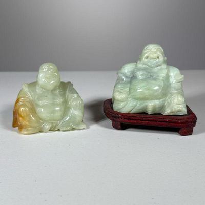 (3pc) Carved Buddhas | Stone laughing buddha figures. One on wood stand. - h. 4 x w. 2.5 x l. 4.5 in (Item with stand)