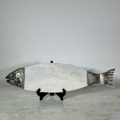 Fish Serving Piece | White marble cutting board / serving slab with head and tail of fish on each end. Felt covered feet. Made in...