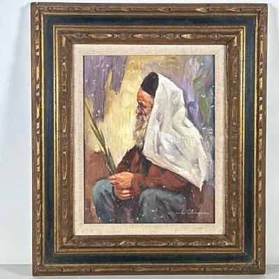 RABBI OIL PAINTING | Rabbi on Sukkot oil on canvas 14 x 11 in. canvas Signed lower right, "Sauolu ---" (?) - h. 22 x w. 19 in...
