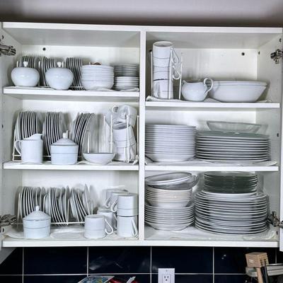 Cabinet Of Fairfield & Other Dinnerware | Appearing to mostly be Fairfield Fine China “classic platinum” (dishwasher safe), plus...