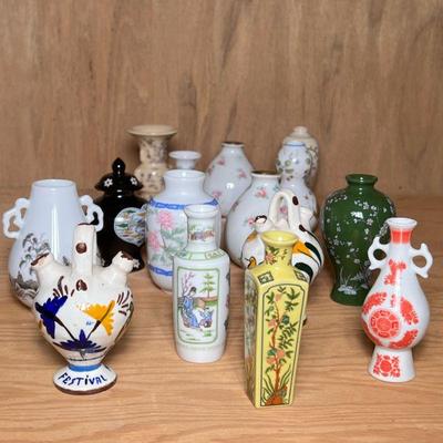 (15pc) MINIATURE PORCELAIN BUD VASES | Large mixed lot of ceramic miniature bud vases including; Asian vases, Spanish vases, and more. -...