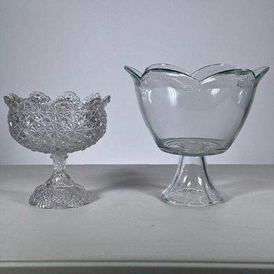 (2pc) Glass Footed Bowls | Including a cut crystal dish and a lobed pedestal dish. - h. 9.25 x dia. 10 in (Largest)

