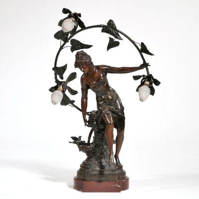 Moreau Bronze Light | Art Nouveau bronze sculpture lamp: Fontaine aux Fauvettes by Francois Moreau, with foundry mark. - h. 33 x w. 20 x...