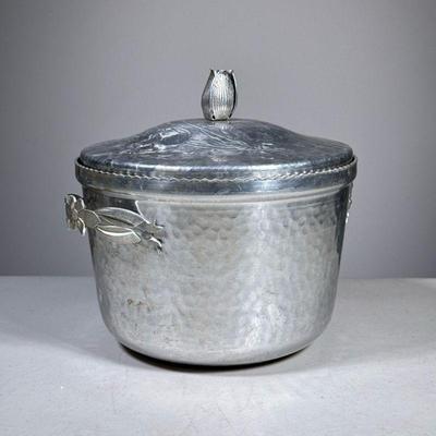 Japonaise Ice Bucket | Hammered metal with engraved lid and having flower petal handles and finial - h. 7 x w. 8.5 in