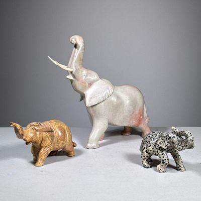 (3pc) Stone Elephant Figures | Including a large heavy figure, and a Dalmatian agate carved elephant, and a carved stone elephant labeled...