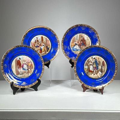 (4pc) Vintage Bavarian Plates | Four different scenes in the center of hand painted plates surrounded by cobalt blue and gold. Embossed...