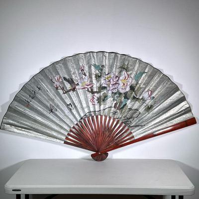 Fan Wall Decor | Oversized fan from China with floral and butterfly-painted scene. - h. 35 x w. 58 in (opened)

