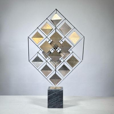 Curtis Jere Mobile Sculpture | Tessellated mobile scultpure having a double-layered wire frame suspending polished metal squares,...