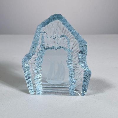 SIGNED ETCHED CRYSTAL PAPERWEIGHT | Etched and cut crystal paperweight with viking ship, signed on bottom. - h. 4 x w. 3.5 x d. 1.25 in

