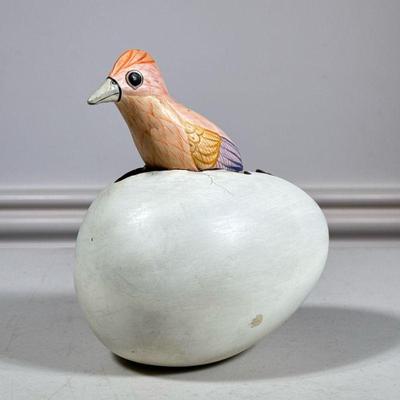 Carved Bird in Egg | Carved and painted wooded piece made in Mexico, marked on bottom. - h. 7 x w. 5 x l. 6 in

