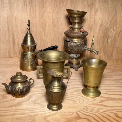 (6pc) BRASS COFFEE POTS & PITCHERS | Mixed lot of brass coffee pot, a small hammered teapot, pitchers, cup, mortar, samovar, and...