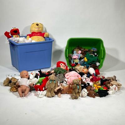 Very Large Group Of Plush Toys, Beanie Babies, Etc | Including TY Beanie Babies, a plush Pooh bear, an Elmo toy, and more.


