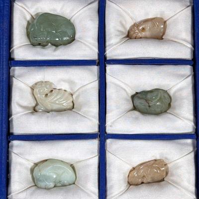 (6pc) Chinese Jade Carvings | Small jade animal carvings in a fitted box (8 x 9 in.) - l. 2 in (largest)